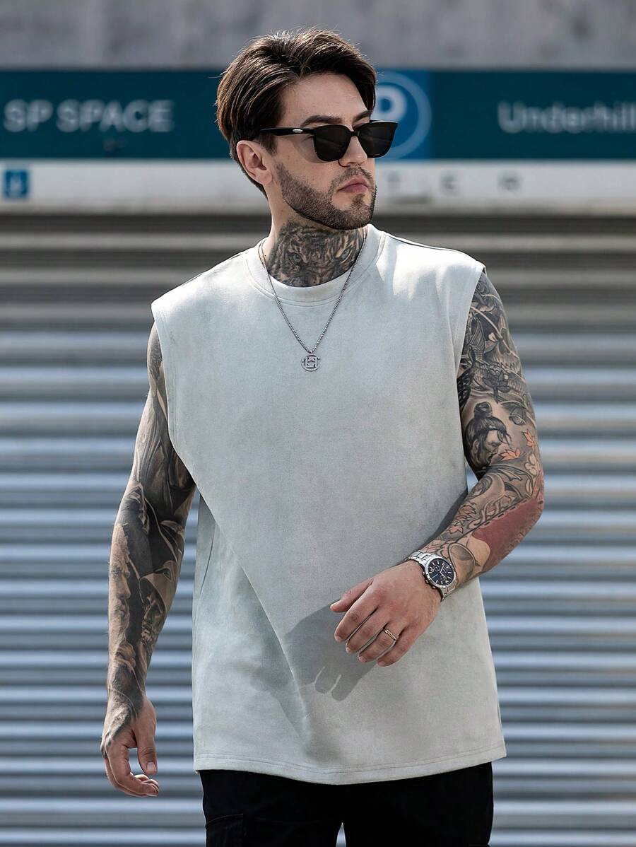 Men Solid Suedette Tank Top - Light Grey - View 1