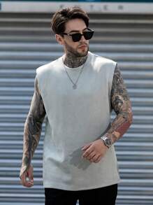 Men Solid Suedette Tank Top - Light Grey - View 3