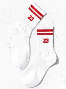 1pair Women Number & Striped Pattern Casual Crew Socks, For Daily Life - Multicolor - View 1