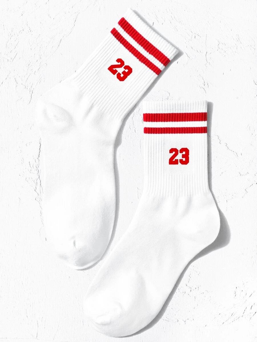1pair Women Number & Striped Pattern Casual Crew Socks, For Daily Life - Multicolor - View 1