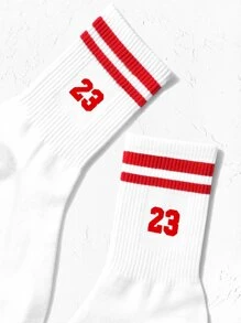 1pair Women Number & Striped Pattern Casual Crew Socks, For Daily Life - Multicolor - View 2