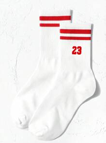 1pair Women Number & Striped Pattern Casual Crew Socks, For Daily Life - Multicolor - View 3