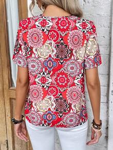 SHEIN VCAY Áo sơ mi nữ Bộ lạc Boho - Đỏ - Xem 2