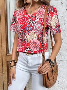 SHEIN VCAY Áo sơ mi nữ Bộ lạc Boho - Đỏ - Xem 4