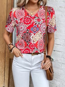 SHEIN VCAY Áo sơ mi nữ Bộ lạc Boho - Đỏ - Xem 5