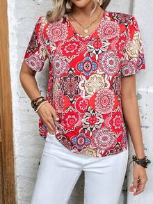 SHEIN VCAY Áo sơ mi nữ Bộ lạc Boho - Đỏ - Xem 6