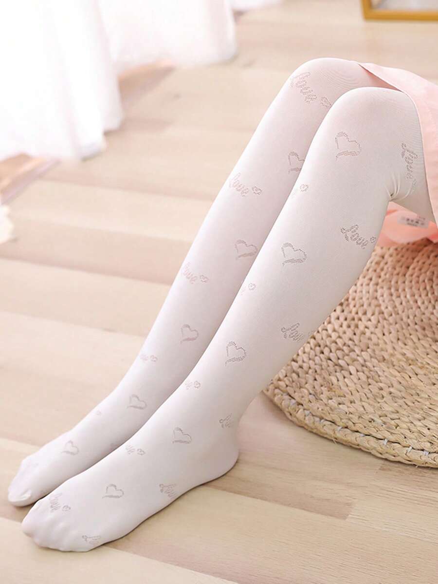 1雙小女童愛心圖案時尚褲襪 - 米色 - 查看 1