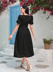 Modelyn 豹紋提花方領泡泡袖連衣裙 - 黑色 - 查看 2