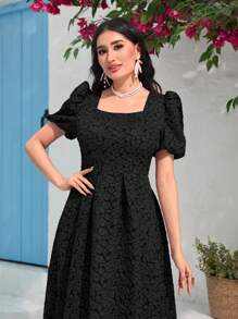 Modelyn 豹紋提花方領泡泡袖連衣裙 - 黑色 - 查看 4