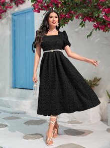 Modelyn 豹紋提花方領泡泡袖連衣裙 - 黑色 - 查看 6