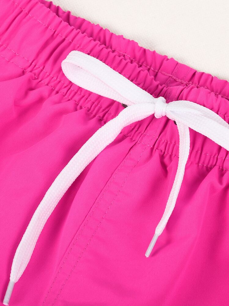 Men's Solid Color Drawstring Waist Beach Shorts, Minimalist Vacation Design,Hawaiian - Hot Pink - View 3