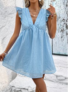 SHEIN VCAY Ruffle Trim Smock Dress - Baby Blue - View 3