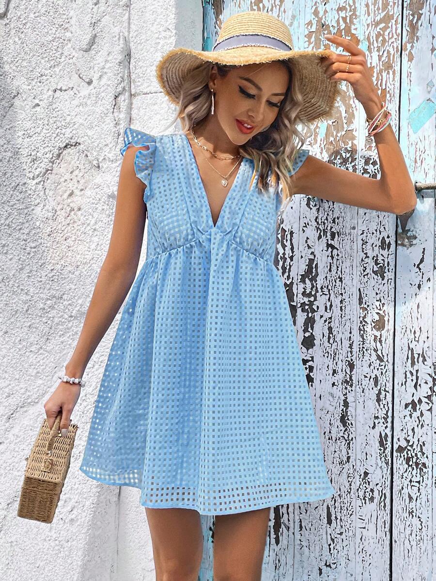SHEIN VCAY Ruffle Trim Smock Dress - Baby Blue - View 1
