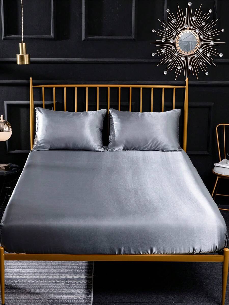 Solid Satin Fitted Sheet Set Without Filler - Grey - View 1