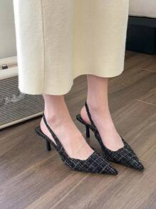 Giày cao gót màu đen thanh lịch cho nữ, giày cao gót mũi nhọn bằng vải Tweed họa tiết kẻ sọc - màu đen - Xem 3