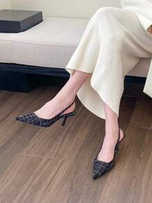 Giày cao gót màu đen thanh lịch cho nữ, giày cao gót mũi nhọn bằng vải Tweed họa tiết kẻ sọc - màu đen - Xem 4