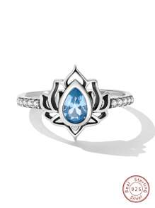 1 Miếng Xanh Hoa sen Retro Nhẫn Quý cô Đồ kim hoàn Bạc nguyên chất Tốt Đồ trang sức Mặc hàng ngày Món quà - Màu xanh lam - Xem 1