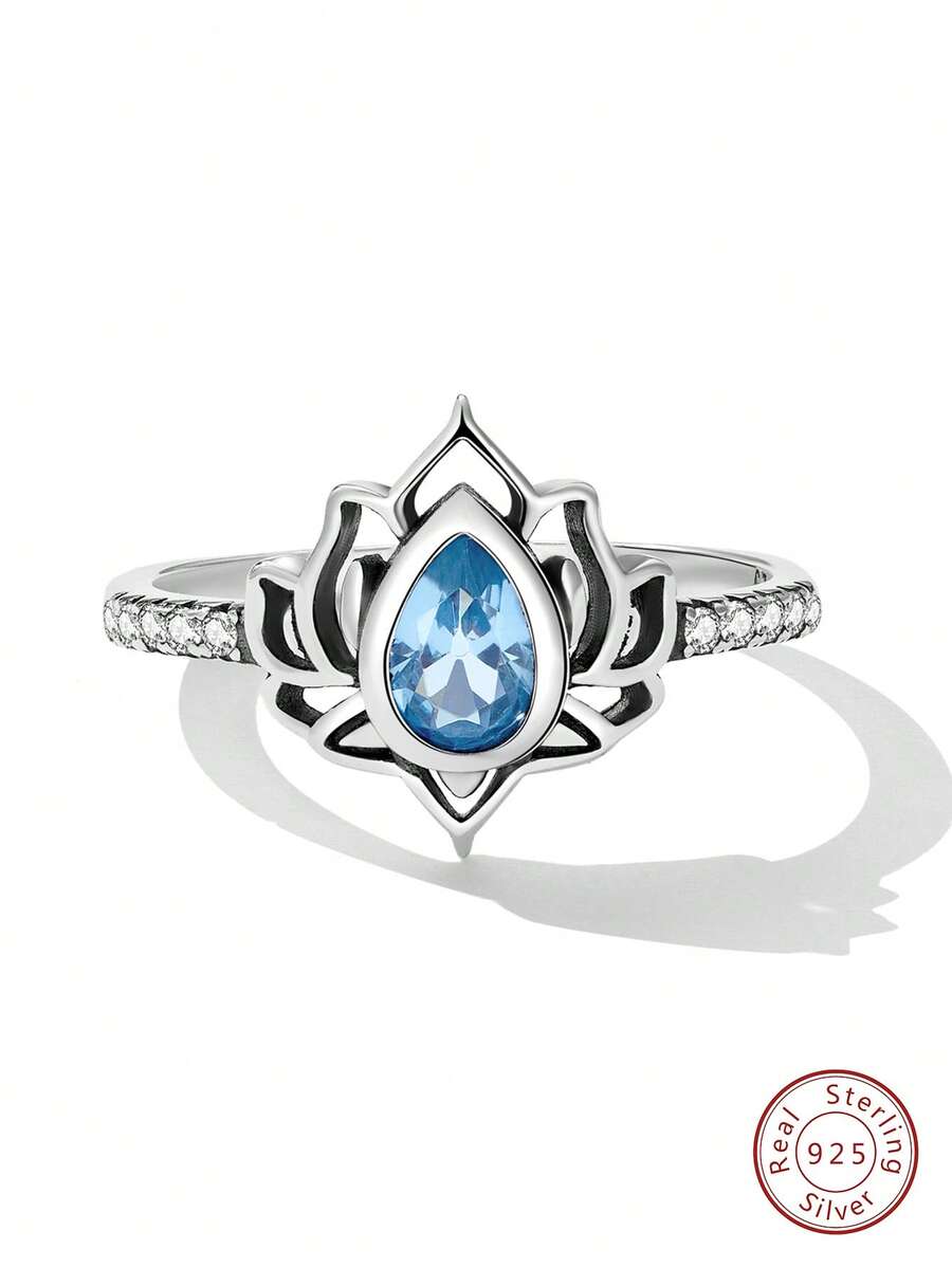 1 Miếng Xanh Hoa sen Retro Nhẫn Quý cô Đồ kim hoàn Bạc nguyên chất Tốt Đồ trang sức Mặc hàng ngày Món quà - Màu xanh lam - Xem 1