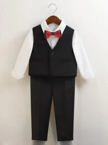 小男童前蝴蝶結襯衫和夾克背心和褲子 - 黑與白 - 查看 1