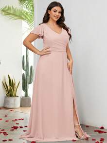 大碼蝴蝶袖高衩雪紡伴娘洋裝 - 淺粉色 - 查看 4