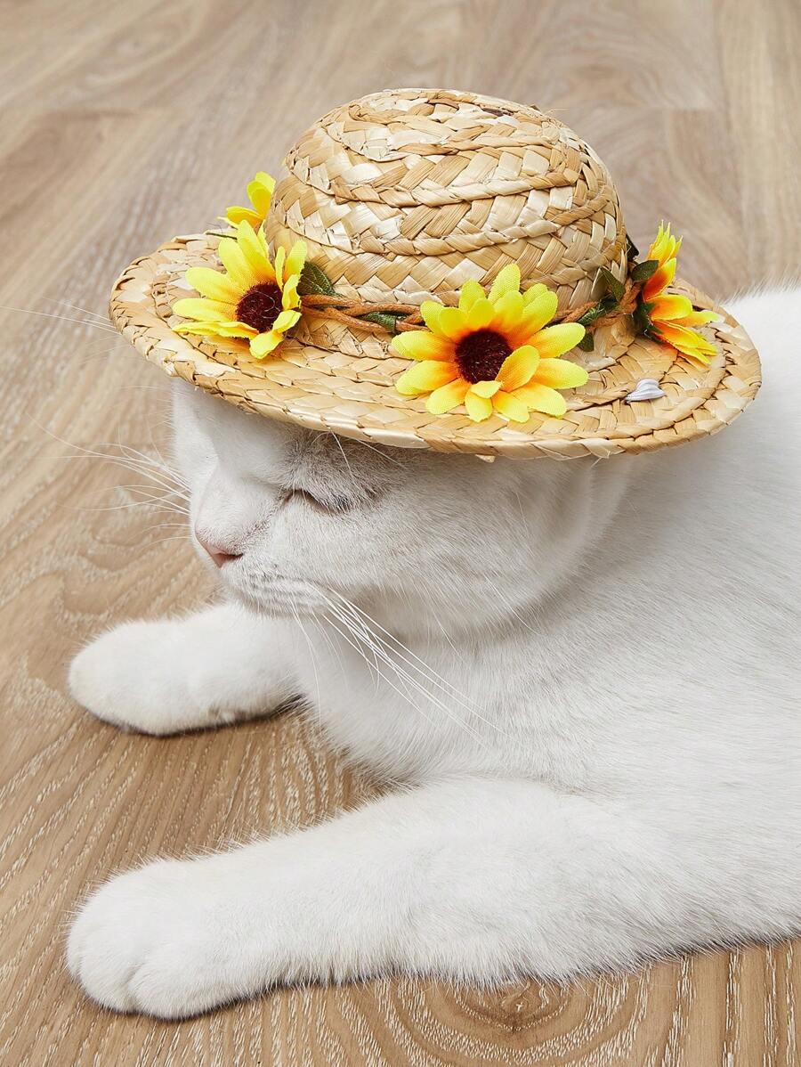 1入組花朵裝飾寵物帽子適用於狗狗和貓適用於戶外 - 黃色 - 查看 1