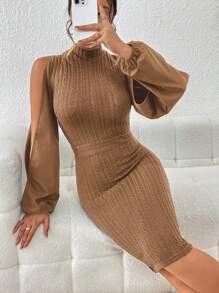 SHEIN Privé Đầm Cắt ra màu trơn Thanh lịch - Cà phê nâu - Xem 1