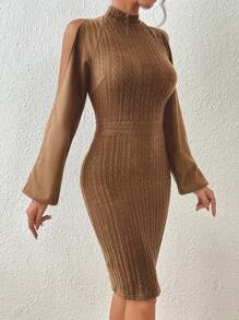SHEIN Privé Đầm Cắt ra màu trơn Thanh lịch - Cà phê nâu - Xem 6