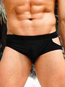 Manfinity Swimmode 男士腰部鏤空素色泳褲 - 黑色 - 查看 4