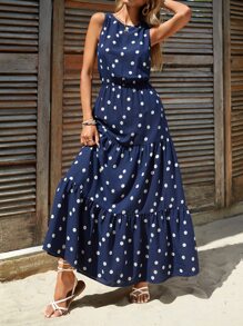 SHEIN Clasi Ditsy Floral Print Ruffle Hem Dress - Navy Blue - View 4