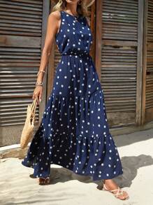 SHEIN Clasi Ditsy Floral Print Ruffle Hem Dress - Navy Blue - View 2