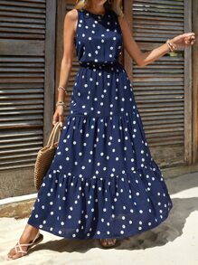 SHEIN Clasi Ditsy Floral Print Ruffle Hem Dress - Navy Blue - View 6