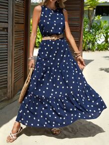 SHEIN Clasi Ditsy Floral Print Ruffle Hem Dress - Navy Blue - View 1