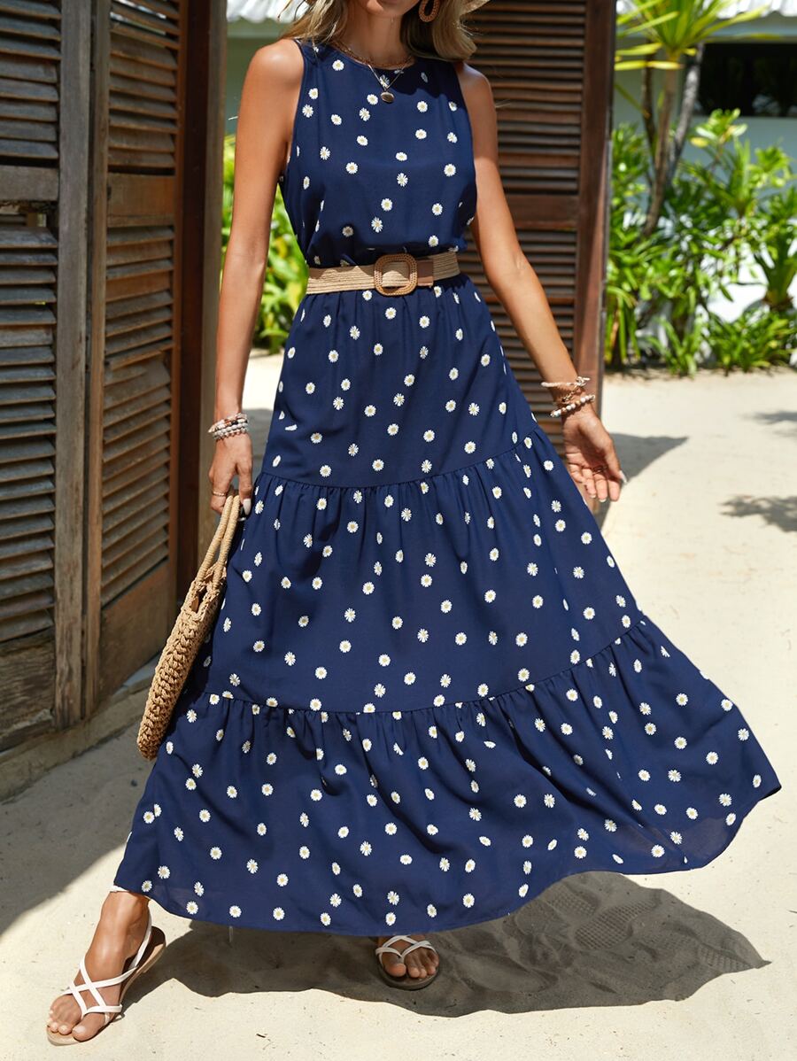 SHEIN Clasi Ditsy Floral Print Ruffle Hem Dress - Navy Blue - View 1
