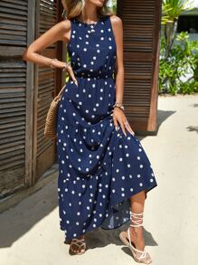 SHEIN Clasi Ditsy Floral Print Ruffle Hem Dress - Navy Blue - View 7