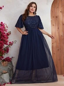 YISIKADO Plus Contrast Sequin Mesh Overlay Maxi Formal Dress - Navy Blue - View 1