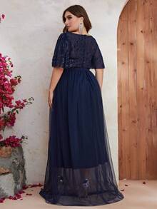 YISIKADO Plus Contrast Sequin Mesh Overlay Maxi Formal Dress - Navy Blue - View 2
