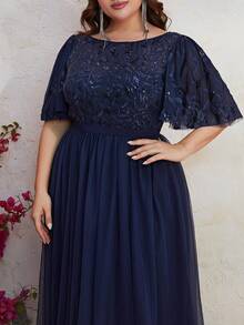 YISIKADO Plus Contrast Sequin Mesh Overlay Maxi Formal Dress - Navy Blue - View 3