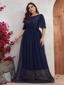 YISIKADO Plus Contrast Sequin Mesh Overlay Maxi Formal Dress - Navy Blue - View 6