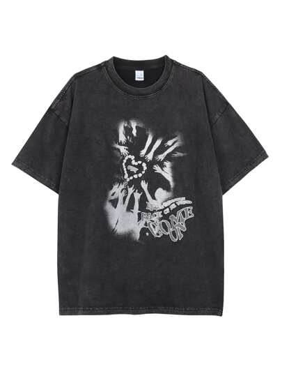 男士愛心和標語圖案落肩T恤