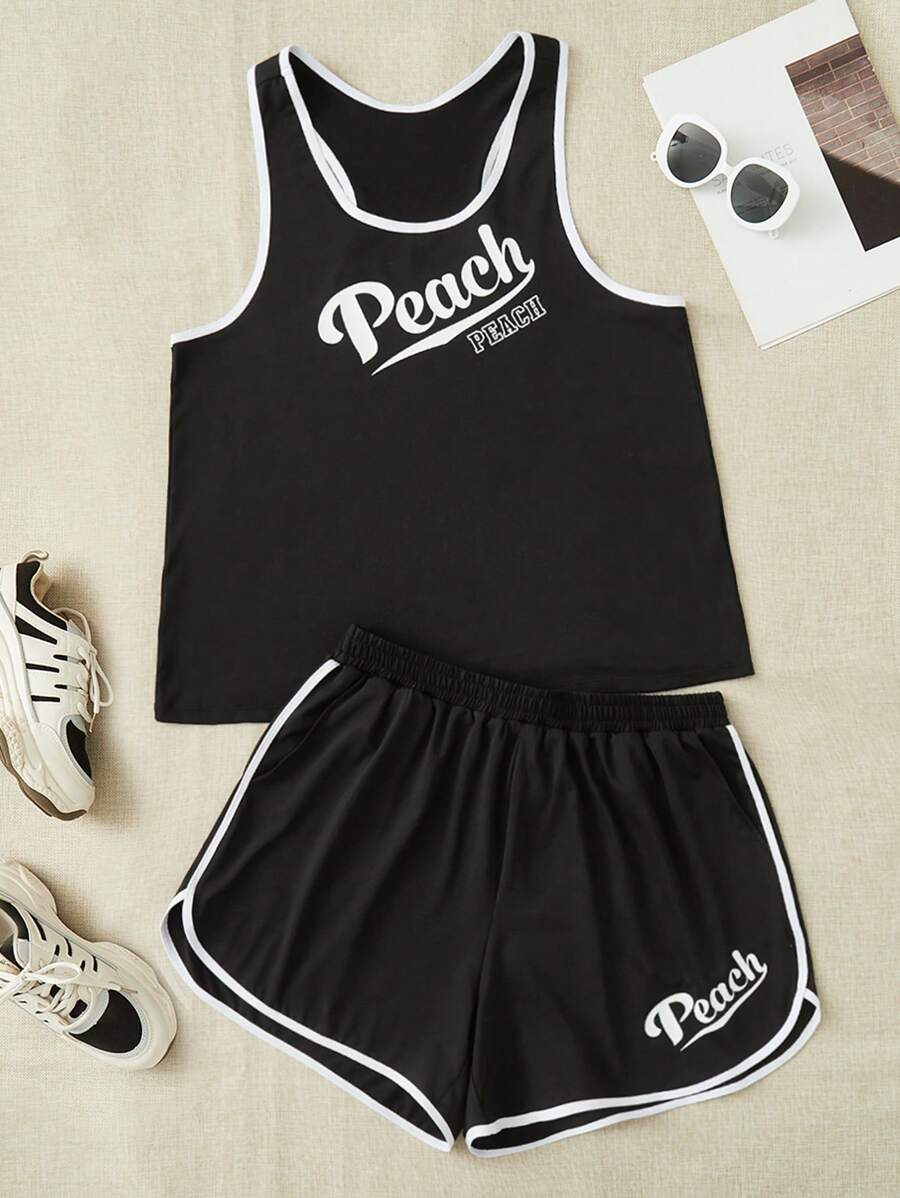 Plus Letter Graphic Contrast Binding Sports Set - Black and White - View 1