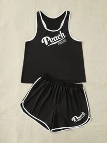 Plus Letter Graphic Contrast Binding Sports Set - Black and White - View 3