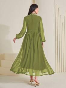 Al Najma Đầm Tương phản Mesh Thêu Dây kéo Hoa Thanh lịch - Màu xanh Ô liu - Xem 2