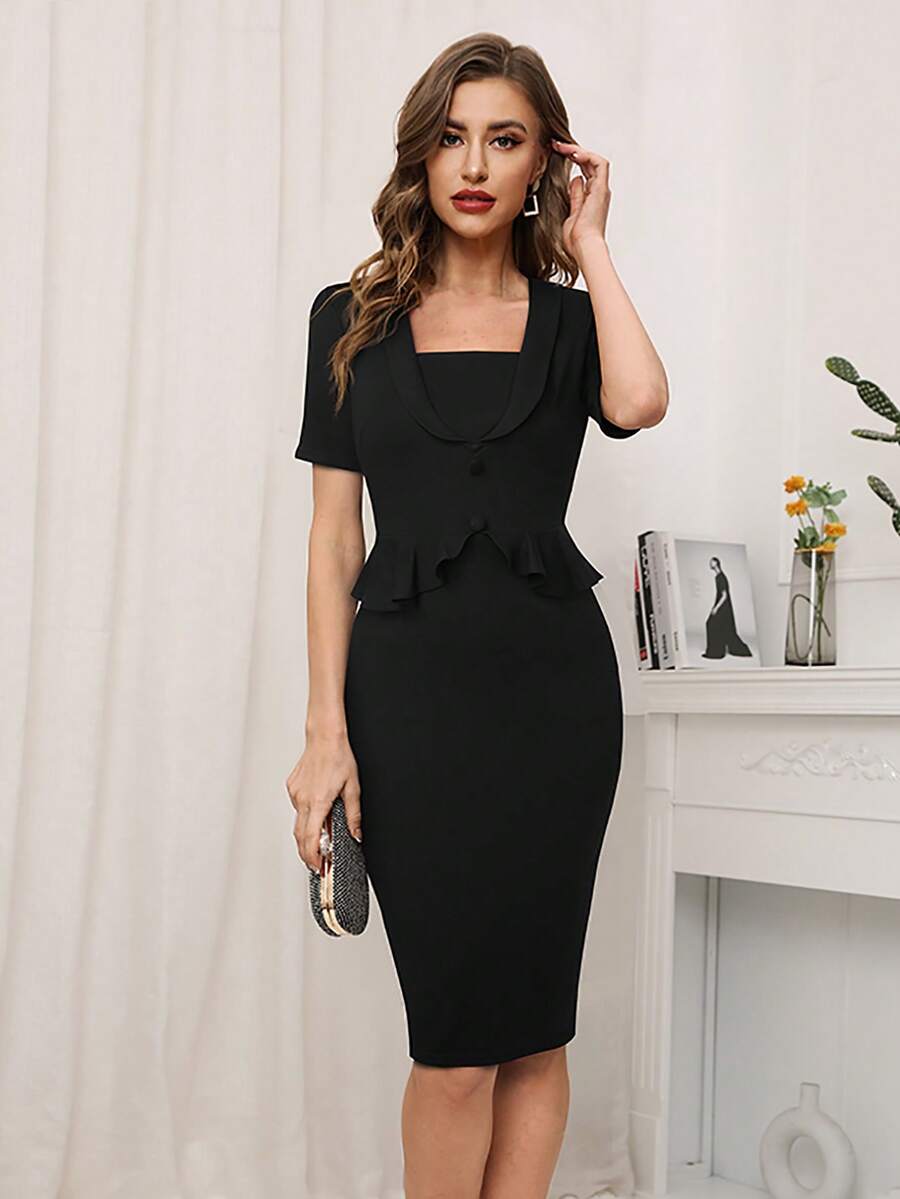 Đầm Viên lá sen Chia Dây kéo Nút phía trước màu trơn Thanh lịch - màu đen - Xem 1