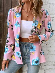 SHEIN Clasi Áo khoác  âu phục nữ Nút phía trước Hoa Giải trí - Hồng - Xem 1