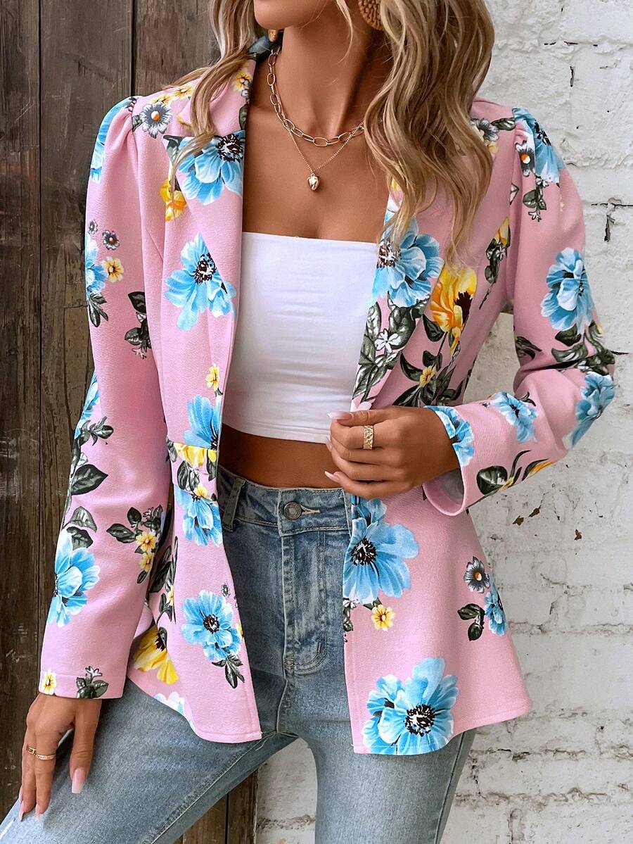 SHEIN Clasi Áo khoác  âu phục nữ Nút phía trước Hoa Giải trí - Hồng - Xem 1