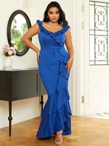 seomiscky Đầm Plus Size Xù phân lớp Dây kéo màu trơn Thanh lịch - Màu xanh lam - Xem 1