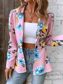 SHEIN Clasi Áo khoác  âu phục nữ Nút phía trước Hoa Giải trí - Hồng - Xem 3