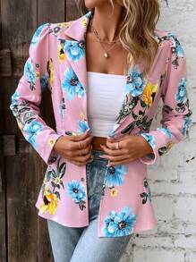 SHEIN Clasi Áo khoác  âu phục nữ Nút phía trước Hoa Giải trí - Hồng - Xem 4