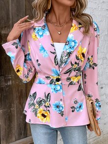 SHEIN Clasi Áo khoác  âu phục nữ Nút phía trước Hoa Giải trí - Hồng - Xem 5