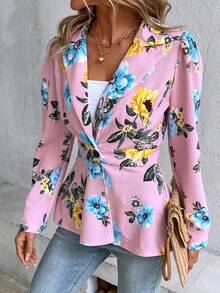 SHEIN Clasi Áo khoác  âu phục nữ Nút phía trước Hoa Giải trí - Hồng - Xem 6